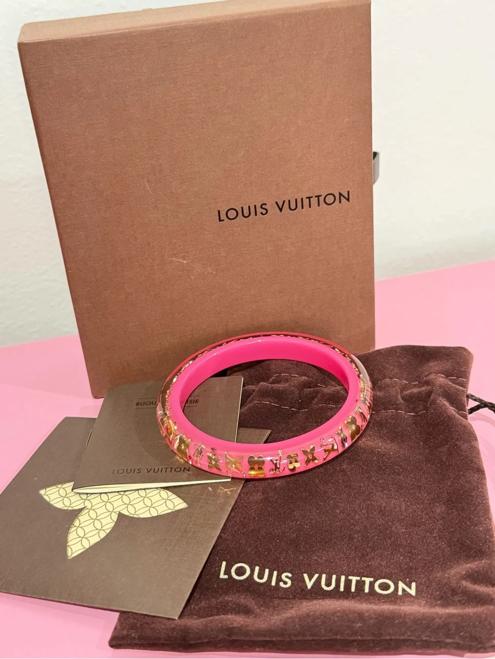 Louis Vuitton Hot Pink Monogram Bangle with Gold Monogram